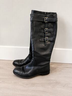 Anthropologie Echo Black Leather Knee High Boots with Buckles Size 38 Country
